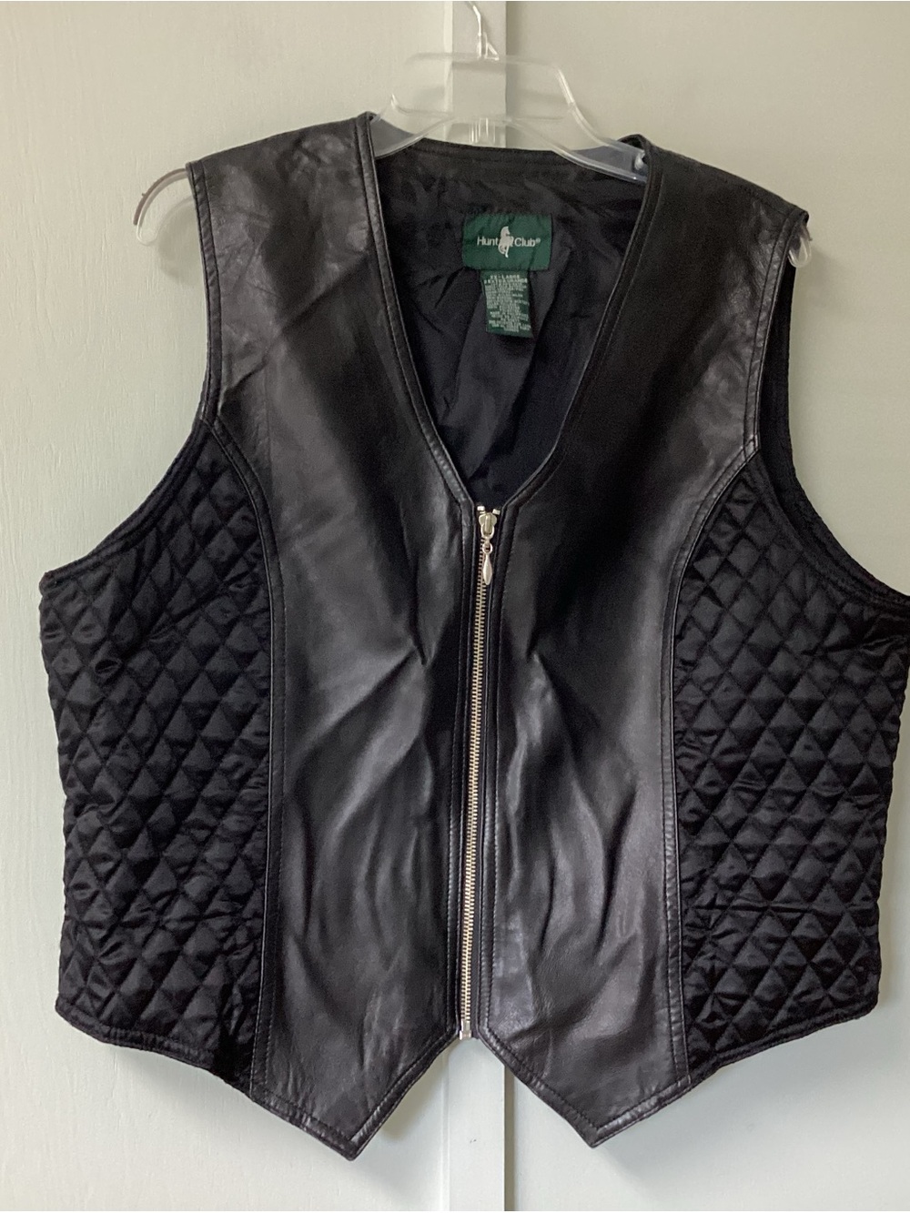 Hunt Club Black Quilted Leather Motorcycle Vest with Silver Zip Size 2XL